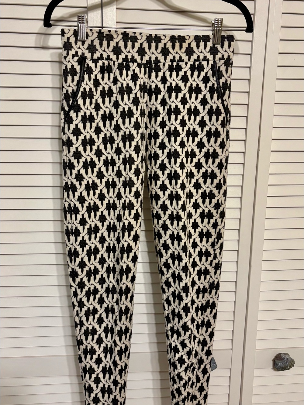 Melissa Paige Black and White Houndstooth Knit Pants with Faux Leather Trim
